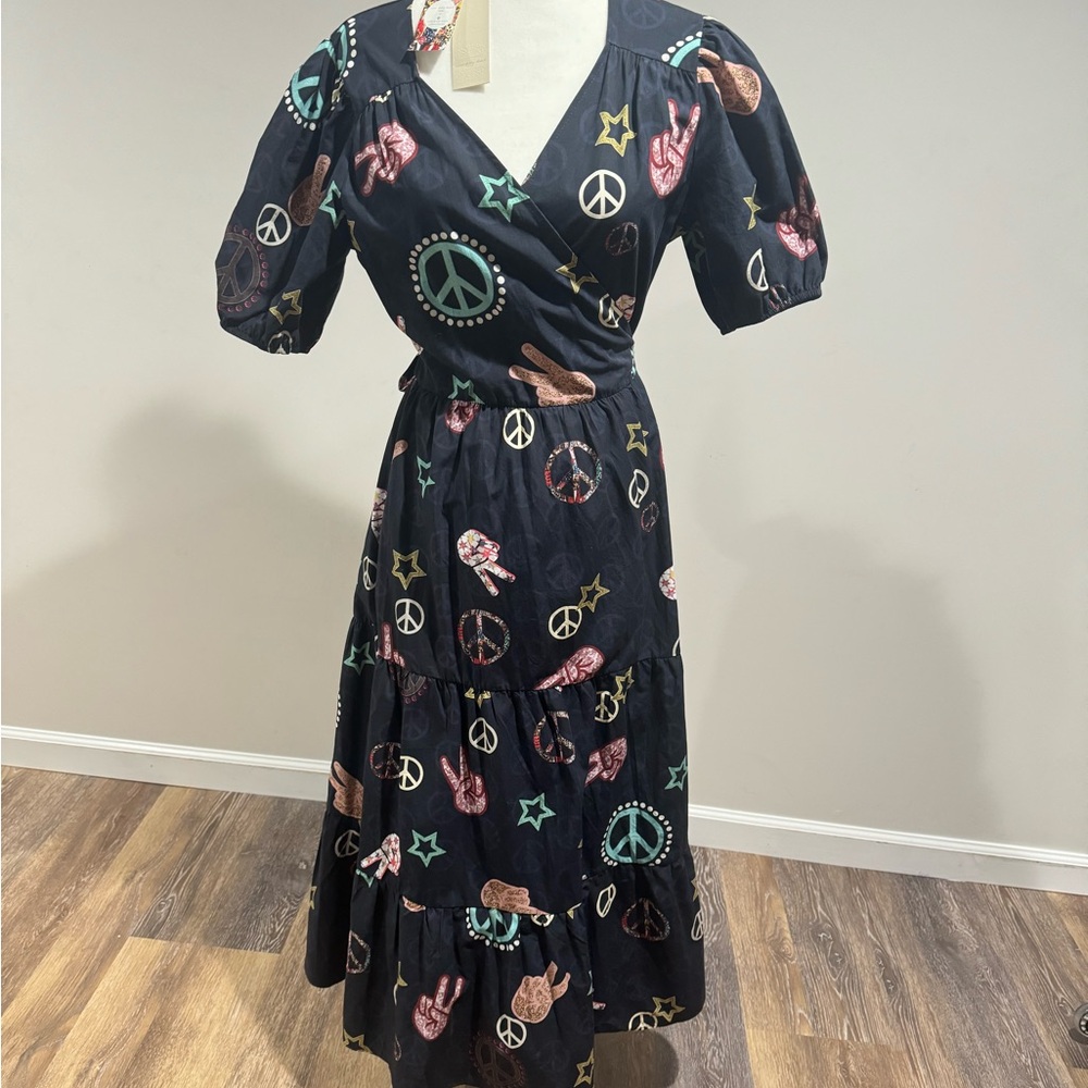 Navy peace sign wrap dress